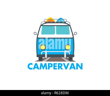 Campervan illustation en cartoon style isolé sur fond blanc. Blanc bleu avec logo pour un camping-car, camping d'affaires. Symbole des vacances en famille le stoc Banque D'Images