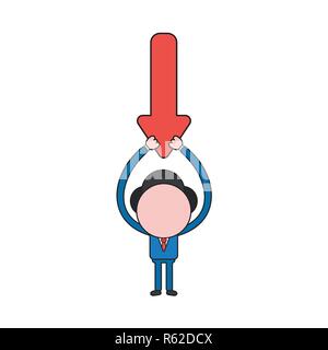 Vector illustration concept de caractère businessman holding up flèche dirigée vers le bas. Couleur et contours noirs. Illustration de Vecteur