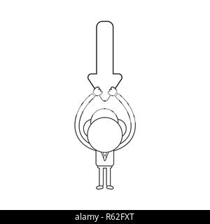 Vector illustration concept de caractère businessman holding up flèche dirigée vers le bas. Contour noir. Illustration de Vecteur