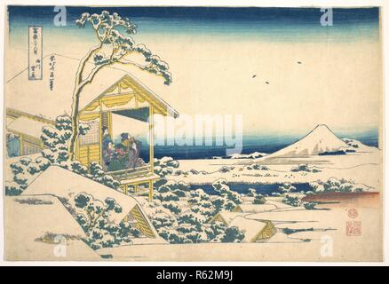 Matin Après la neige au jardin Koishikawa à Edo (Jardin Koishikawa yuki no ashita), de la série trente-six vues du Mont Fuji Fugaku sanjurokkei (). Artiste : Katsushika Hokusai (Japonais, Tokyo (EDO) 1760-1849 Tokyo (EDO)). Culture : le Japon. Dimensions : 10 1/8 x 15 in. (25,7 x 38,1 cm). Date : ca. 1830-1832. À partir d'un balcon salon de thé, une serveuse rappelle Fuji à un groupe de visiteurs. Le porche rectangulaire dans laquelle ils sont enfermés fonctionne comme une "photo à l'intérieur d'une photo,''une plus petite, composition isolée qui peut se tenir sur ses propres mais qu'ajoute habituellement quelque chose d'essentiel à l'expérience du spectateur de la w Banque D'Images