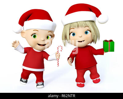 Smiling Cute cartoon bébé garçon et fille, vêtements et célébrer Noël, rendu 3D. Arrière-plan blanc. Banque D'Images