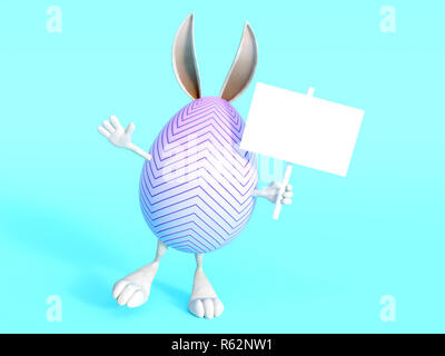 Un mignon petit œuf de Pâques avec des oreilles de lapin, les bras et les pieds, holding a blank sign. Fond bleu. Banque D'Images