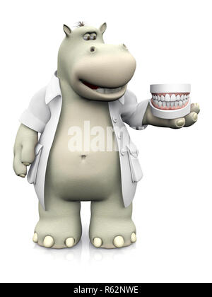 A smiling cartoon hippo vêtu comme dentiste prothèses tenant dans sa main. Le rendu 3D. Arrière-plan blanc. Banque D'Images