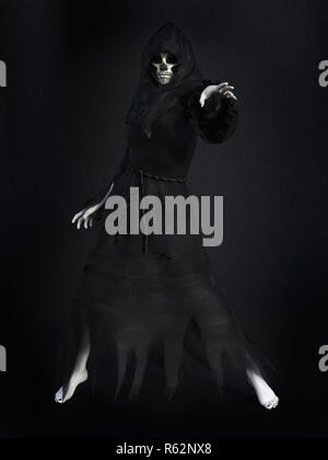 Reaper femelle ou une sorcière vêtue d'un manteau noir, de l'incantation d'un sort, rendu 3D. Fond sombre. Banque D'Images
