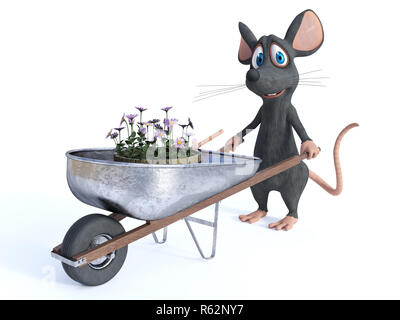 Le rendu 3D d'un dessin animé mignon smiling holding souris une brouette de fleurs, prêt à faire un peu de jardinage. Arrière-plan blanc. Banque D'Images