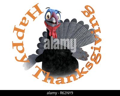 Une drôle de bête à la caricature la Turquie de sourire et à l'intérieur du texte très heureux 'Happy Thanksgiving', 3D Rendering. Arrière-plan blanc. Banque D'Images