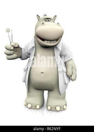 A smiling cartoon hippo dentiste tenant trois brosses à dent dans une main et d'outils de dentiste à l'autre. Le rendu 3D. Arrière-plan blanc. Banque D'Images