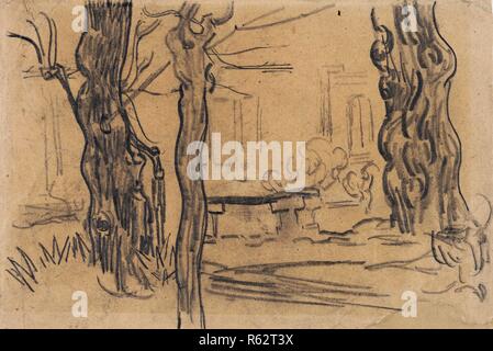 Arbres, banc en pierre et fontaine dans le jardin de l'asile. Date : octobre 1889, Aix-en-Provence. Dimensions : 19,6 cm x 29,1 cm. Musée : Musée Van Gogh, Amsterdam. Banque D'Images