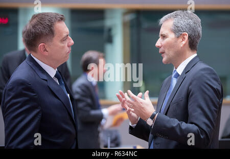 Bruxelles, Belgique. 19Th Mar, 2018. Ministre slovaque Peter Kazimir (L) des entretiens avec le Ministre autrichien des finances, Hartwig Loeger lors d'une réunion des ministres des Finances de l'Eurogroupe à Bruxelles, Belgique, le 3 décembre 2018. Credit : Thierry Monasse/Xinhua/Alamy Live News Banque D'Images