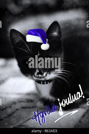 Le Sei Petit Noir Avec Blanc Chaton De Noel Un Drole De Chaton Avec Santa Hat Carte De Souhaits Avec Un Mignon Chaton Et Allemand Message De Noel Frohe Wei Photo