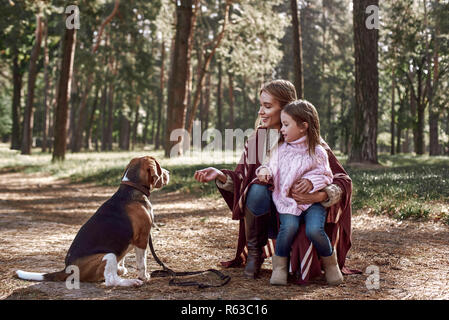 Mère et fille avec chien randonnées en forêt de pins. Femme porte un élégant manteau en tricot, fille est en pull rose Banque D'Images