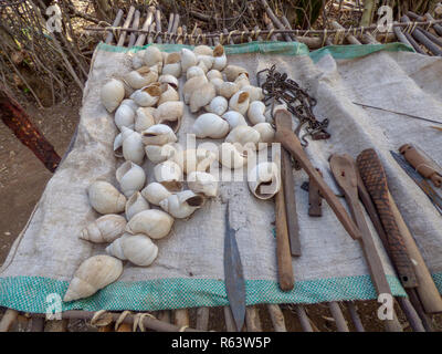 Les coquillages, des outils et des ustensiles à la tribu Datoga. Lake Eyasi, Tanzanie Banque D'Images