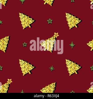 Seamless pattern design pour Noël et Nouvel An dans un style simple à la main. Les arbres de Noël d'or et les étoiles sont sur fond rouge. Illustration de Vecteur