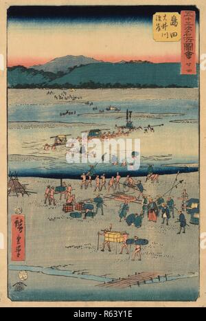 Shimada : La Banque Suruga sur la rivière Oi, non. 24 de la Collection série d'illustrations de lieux célèbres à proximité de l'Fifty-Three [stations le long de la ligne Tokaido]. Date : 7e mois 1855. Dimensions : 36 cm x 23 cm. Musée : Musée Van Gogh, Amsterdam. Auteur : Hiroshige Utagawa. Banque D'Images