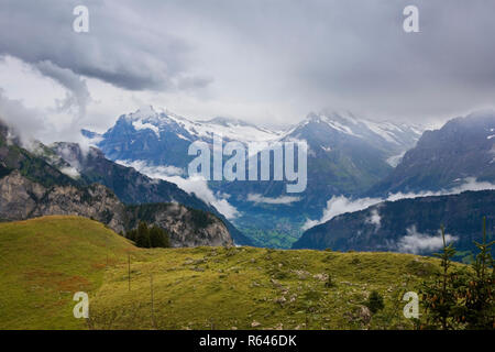 Avec Grindelwald Lütschental, sur le fond de la vallée, à partir de la Schynige Platte, pics de la Wetterhorn et le Mättenberg dans la distance : Suisse Banque D'Images