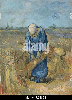 Paysanne à lier des gerbes (après Millet). Date : septembre 1889, Aix-en-Provence. Dimensions : 43,2 cm x 33,2 cm, 58,2 cm x 47,6 cm. Musée : Musée Van Gogh, Amsterdam. Auteur : VAN GOGH, Vincent. VINCENT VAN GOGH. Banque D'Images