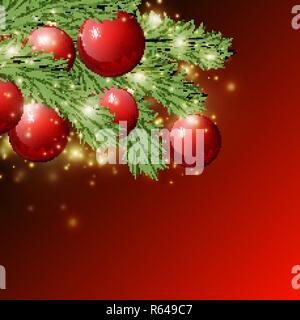 Fond rouge brillant avec des décorations de Noël, des branches d'épinette décoratif,golden stars , vacances Joyeux Noël et Bonne Année, illustration sur un r Illustration de Vecteur