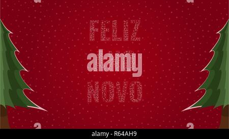 Bonne année texte en portugais "Feliz Ano Novo' rempli de 'Bonne Année' texte de différentes langues sur un fond de neige rouge pin avec tr Illustration de Vecteur