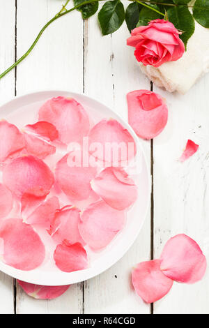 Spa concept, rose des pétales de rose dans un bol d'eau avec sèche-serviettes et fleur sur fond de bois blanc, high angle view Banque D'Images