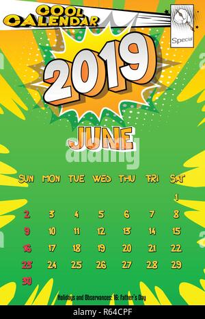 2019 retro style comic book modèle de calendrier pour le mois de juin. Style pop art l'arrière-plan. Vector illustration couleur de l'affiche. Illustration de Vecteur