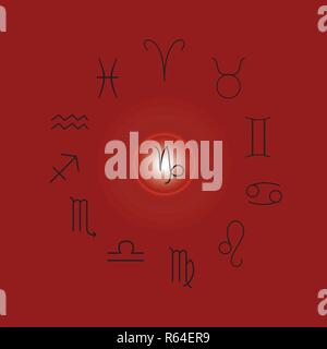 Signes astrologiques, les symboles du zodiaque, horoscope, l'astrologie et les signes mystiques vector illustration sur fond rouge Illustration de Vecteur