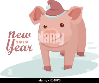Pig est un symbole de la nouvelle année 2019. Carte de souhaits avec un mignon petit chat dans un chapeau chaud Illustration de Vecteur