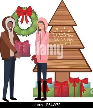 Couple avec arbre de Noël et cadeaux personnage avatar Illustration de Vecteur