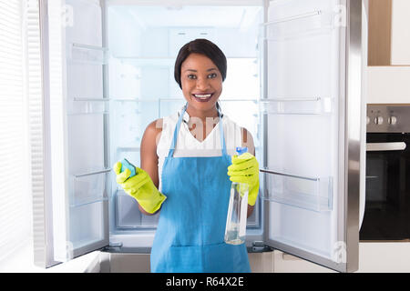 Woman Holding Rag et vaporisateur en face de réfrigérateur Banque D'Images