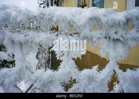 Le givre ou rime sur une clôture métallique. Photographié aux alentours de Noël dans une rue en Transylvanie, Roumanie. Banque D'Images