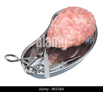 La chirurgie de greffe de cerveau concept. Cerveau des donateurs dans le bac métallique avec les instruments de chirurgie, 3D Rendering Banque D'Images