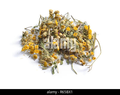 Herbes médicinales séchées matières premières isolé sur blanc. Tanacetum fleurs, tansies Banque D'Images