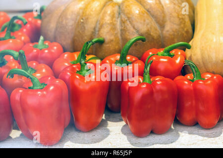 Tas de petits piments rouges parmi les melons Banque D'Images