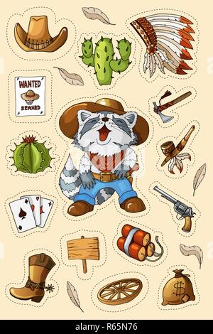 Western wild west art stickers set. Pistolet, des balles, cactus et beaucoup d'autres articles Illustration de Vecteur