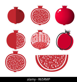 Ensemble design grenade fruits frais juteux icône. Grenade brute télévision cartoon vector illustration modèle. Banque D'Images