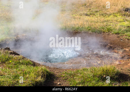 Dans la vallée de Haukadalur peu geyser en Islande Banque D'Images