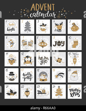 Joyeux Noël Calendrier de l'avent avec des symboles. Banque D'Images