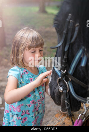 Cute little girl de caresser la tête d'un cheval noir Banque D'Images