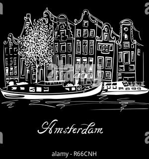 Amsterdam canal vecteur et maisons typiquement néerlandais Banque D'Images
