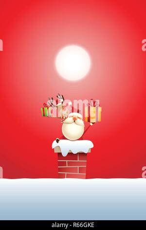 Le Père Noël et renne sur la cheminée avec des cadeaux - fond de lune rouge Illustration de Vecteur