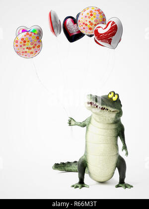 Le rendu 3D d'un crocodile dessin animé holding balloons. Banque D'Images