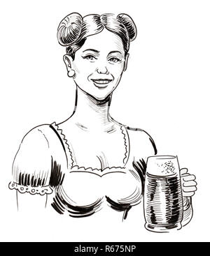 Jolie femme allemande avec une tasse de café. Dessin noir et blanc Encre Banque D'Images