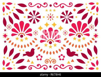L'art populaire traditionnel mexicain vector motif géométrique avec fleurs et oiseaux, orange et rouge carte de souhaits ou d'inspiration traditionnelle conception retour Illustration de Vecteur