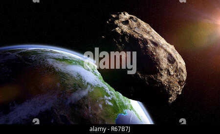 Approche de la planète Terre d'astéroïdes, météorites en orbite avant l'impact Banque D'Images