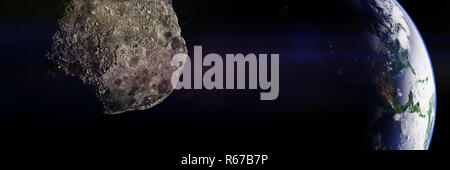 Approche de la planète Terre d'astéroïdes, météorites en orbite avant l'impact Banque D'Images