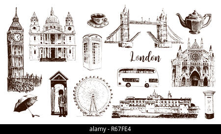 Symboles de Londres : Big Ben, Tower Bridge, bus, guardsman, boite mail, call box. La Cathédrale St Paul, thé, parapluie, Westminster. Banque D'Images