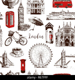 Symboles d'architecture de Londres hand drawn vector seamless pattern croquis. Big Ben, Tower Bridge, bus rouge, boite mail, call box, guardsman Banque D'Images