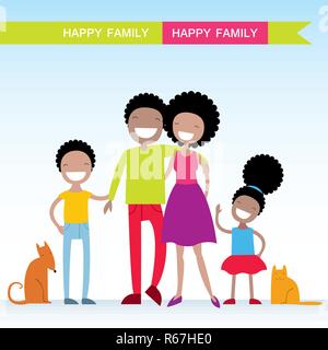 Portrait de quatre états d'African American Family avec leurs animaux, posing together smiling happy. Belles caricatures des personnages.Vector illustration Illustration de Vecteur