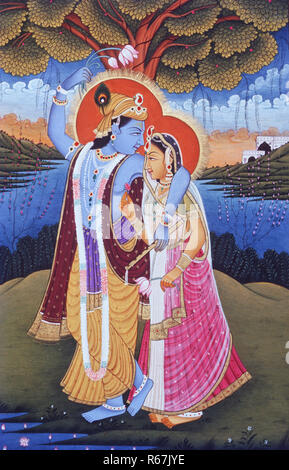 Peinture miniature de radha krishna dans le jardin avec fleur de lotus, Inde Banque D'Images