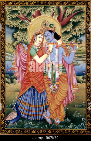 Radha et Krishna scène d'amour peinture sur papier Banque D'Images