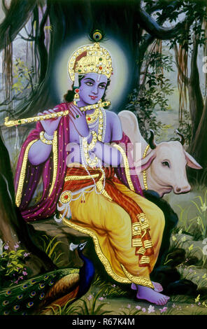 Peinture miniature de Lord Krishna dans un jardin avec vache et paon jouant de la flûte à instruments de musique, Inde Banque D'Images